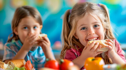 Two children enjoying sandwiches with fresh vegetables, highlighting the joy of healthy eating and childhood happiness