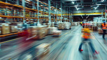 Motion blur of logistics employees working in an international warehouse. Ai generate.