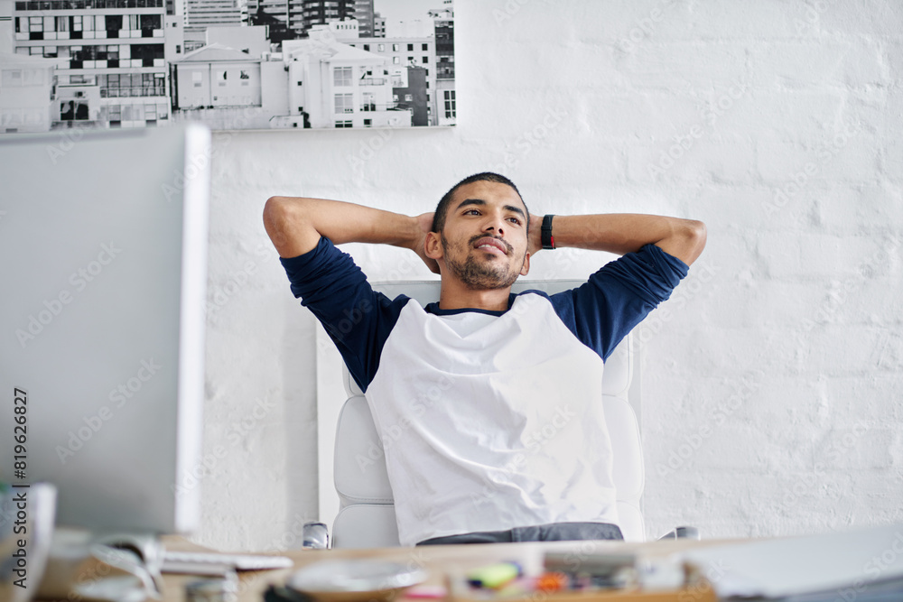 Poster black man, relax and thinking in office on break for idea, work and career at company with computer.