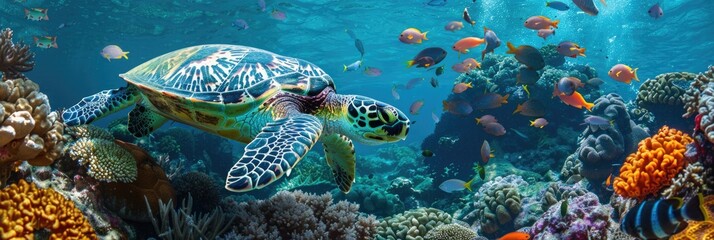 Obraz premium Sea Life: Hawksbill Sea Turtle Swimming Among Coral Reef in Indian Ocean