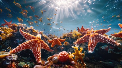 A group of red and white starfish are swimming in the ocean. The scene is lively and colorful, with...
