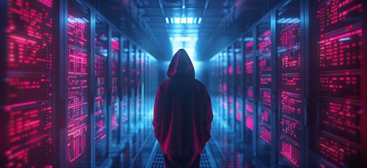 Cybersecurity vulnerability  hacker, coding, malware concept. Hooded computer hacker in cybersecurity vulnerability Log4J on server room background. metaverse digital world technology