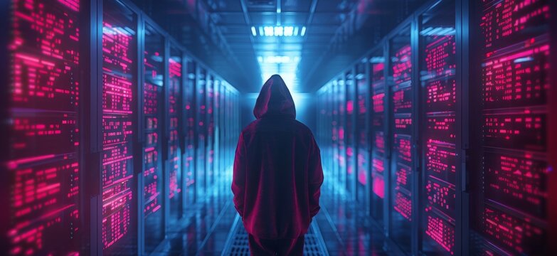 Cybersecurity vulnerability  hacker, coding, malware concept. Hooded computer hacker in cybersecurity vulnerability Log4J on server room background. metaverse digital world technology