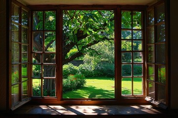 Picture Window. Sunny View of Summer Backyard with Garden and Frame Detail