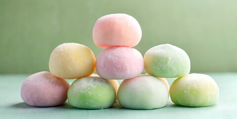 Japanese mochi in pastel colours on a pale green background