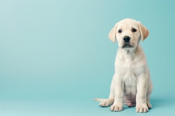 Cute labrador puppy sitting on a pastel blue background with copy space, in a minimalistic style with pastel colors of pink and white.