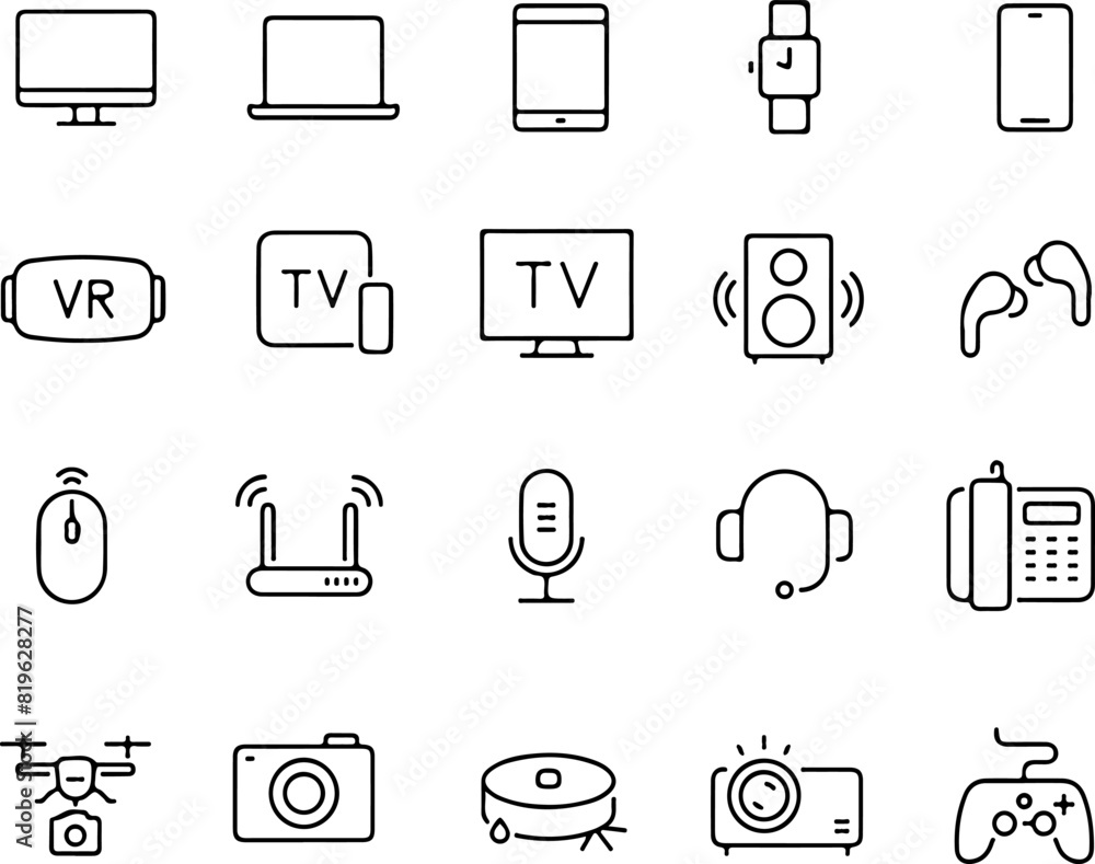 Poster pixel perfect icon set of tech technology device tv drone robot game controller phone headphones pro