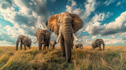A group of elephants standing in a field with a cloudy sky in the background - Powered by Adobe
