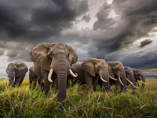 A group of elephants standing in a field with a cloudy sky in the background