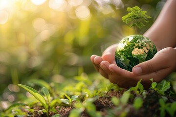 Environment Science. Hands Protecting Green Tree Globe on Tropical Nature Summer Background,