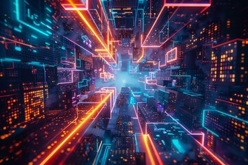 Digital twin of smart city, an urban center with buildings and streets surrounded by pulsating neon lines forming an abstract cube shape, reminiscent of a cybernetic beehive, glowing with vibrant ener
