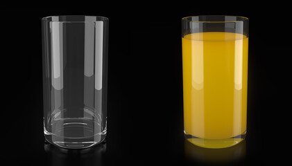 Set of glasses of fruit juice on black background. One clear empty glass and one glass with yellow juice. 3d illustration