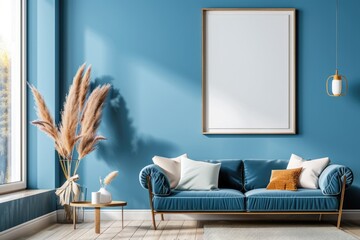 Fototapeta premium Interior Blue. Mock-up Wall in Steel Blue Modern Living Room Interior Background