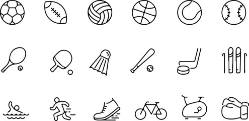 Pixel perfect icon set of sports soccer football basketball volleyball golf gym skiing boxing tennis. Thin line icons flat vector illustrations editable stroke isolated on transparent background © CFK
