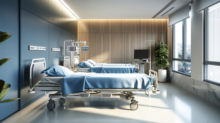 Two hospital beds, one neatly made with crisp white linens, the other slightly rumpled, sit in a...
