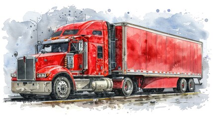 A red semi truck is driving down a road