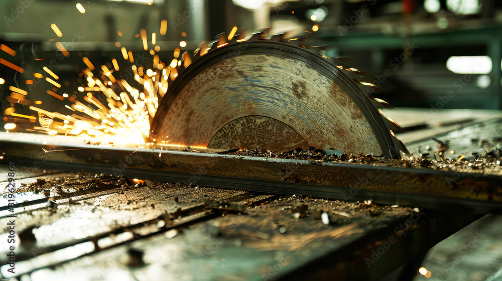 Poster a circular saw in a factory cuts through metal, creating a shower of sparks as it processes the prod