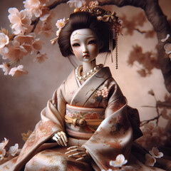 Eine antike asiatische Porzellanpuppe, das Gesicht im Detail gezeigt. Die Puppe hat fein gearbeitete Haare, trägt Perlenkette und ein traditionelles asiatisches Kleid.In Sepia mit Kirschblüten