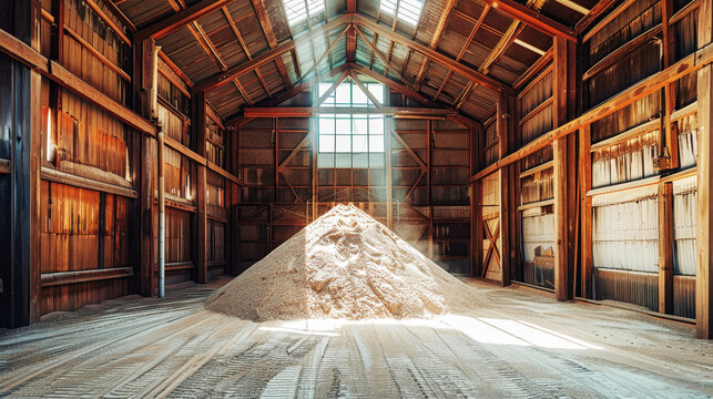 A vibrant pile of sand sits in a large barn, surrounded by the hustle and bustle of potash fertilizer mining and processing activities
