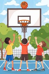 Three young boys are playing basketball in a park