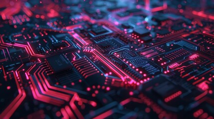 Advanced Technology Concept Visualization: Circuit Board CPU Processor Microchip Starting Artificial Intelligence Digitalization of Neural Networking and Cloud Computing. Digital Lines Move Data 