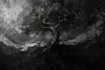 abstract art, black and white painting of an oak tree, dark background with clouds, dramatic, fantasy, illustration // ai-generated 