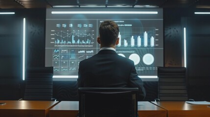 Conference Business Meeting Presentation: CEO Businessman Shows Data to Group of Investors, Business people. Projector Screen Shows Graphs, Product Sales, Revenue Growth Strategy, e-Commerce Analysis