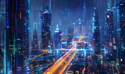 Fototapeta premium A smart city powered by artificial intelligence where systems are interconnected, allowing for seamless automation and increasing urban efficiency.