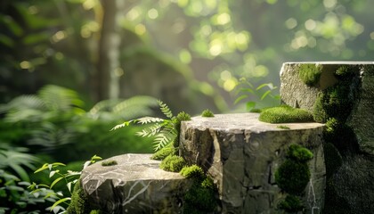 Obraz premium A natural moss and stone podium set in a forest environment, perfect for eco-friendly cosmetic displays or nature-themed presentations