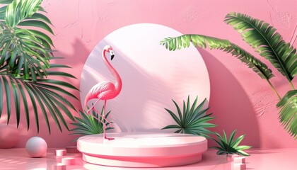 A summer-themed 3D podium with a flamingo and palm backdrop, perfect for beach party displays or seasonal product showcases