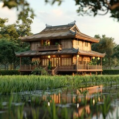 Traditional TwoStory Wooden House Amidst a Vibrant Rice Field Landscape