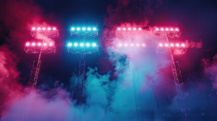 A stadium with lights and smoke in the background. The lights are blue and red