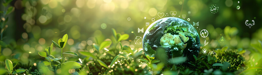 Photo realistic globe surrounded by eco friendly icons symbolizing global sustainability and environmental protection concept