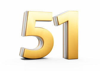 3D Golden Shiny Number 51 Fifty One With Silver Outline On White Background 3D Illustration