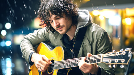 Obraz premium A musician playing an acoustic guitar in the rain with bokeh lights in the background. Generative AI