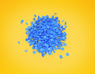 Blue Rounded Medical Pills Scattered On Bright Yellow Background Top View 3d Illustration