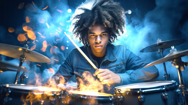 A musician playing drums surrounded by dramatic blue smoke and fiery sparks, blue and orange, concept of live music passion. Generative AI