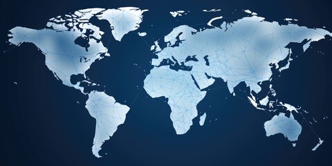 Digital world map in low poly design with network lines on a dark background. Global network and...