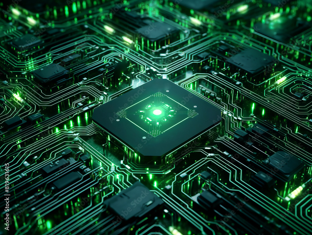 Poster close-up of a computer chip with green neon circuitry, on a dark electronic background, concept of t