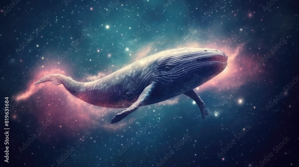 Poster surreal art design of a whale floating in space with a cosmic background and starry sky. digital art