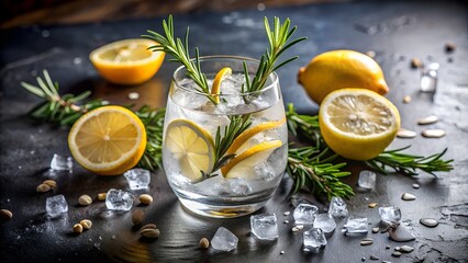 banner of classic gin and tonic cocktail with rosemary sprigs in tall glasses on a table with bar...
