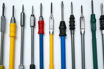 A variety of screwdrivers of different colors are neatly arranged in a line. Generative AI