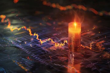 Glowing candlestick forex chart and map hologram on dark backdrop. Stock, investment, market and money concept. 3D Rendering