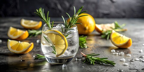 banner of classic gin and tonic cocktail with rosemary sprigs in tall glasses on a table with bar accessories,Alcoholic drink gin tonic cocktail with lemon, rosemary and ice on stone table