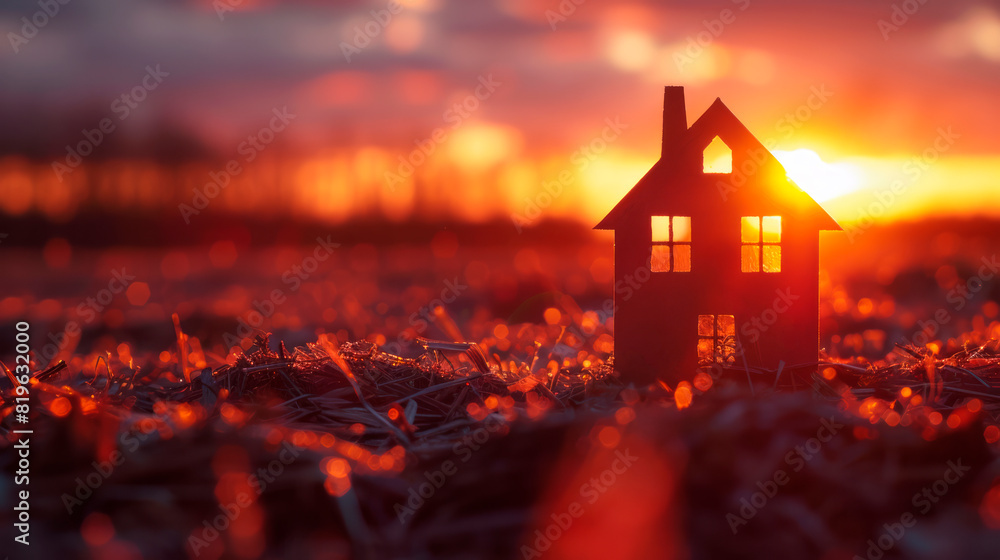 Poster silhouette of a house at sunset, with warm lighting and a bokeh effect in the foreground on a blurre