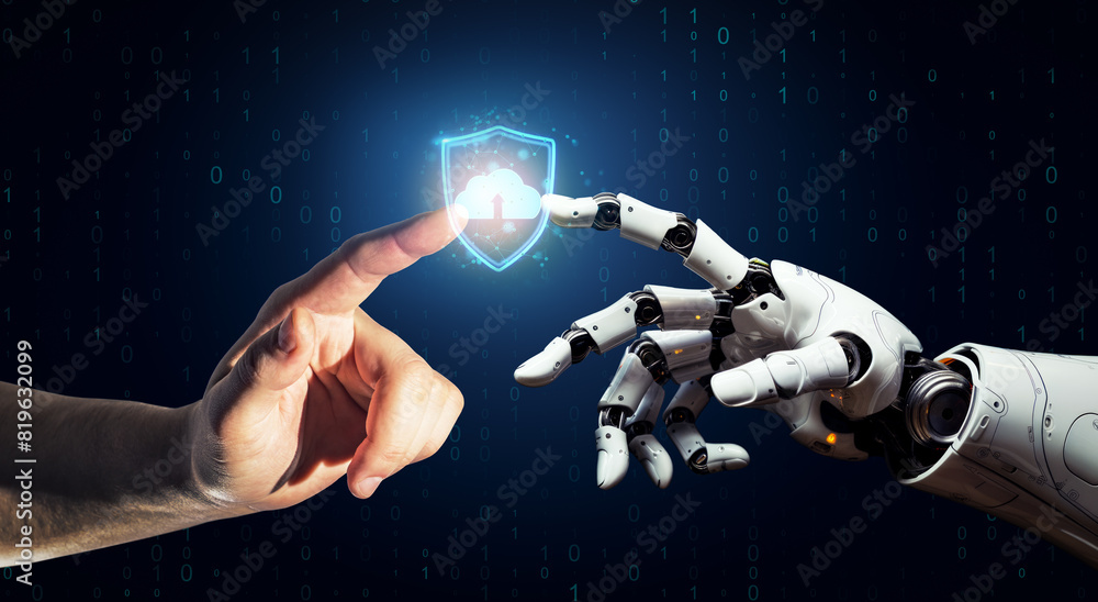 Aufkleber Human and robot hands interacting with a digital shield, on a binary code background, depicting cybersecurity concept. Generative AI