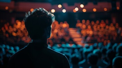 Male Asking a Question to a Speaker During a Q and A Session at an International Tech Conference in a Dark Crowded Auditorium. Young Specialist Expressing an Opinion During a Global Business Summit