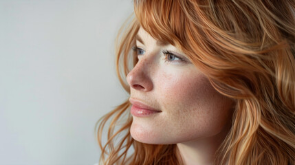 A beautiful woman in her early 40's with red hair in three-quarter profile with a contemplative expression on her face. Studio portrait,, Copy space.