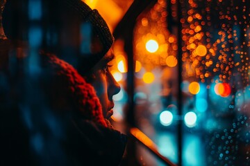 AI generated illustration of a man sitting in a bus, looking out of the rain-covered window at night