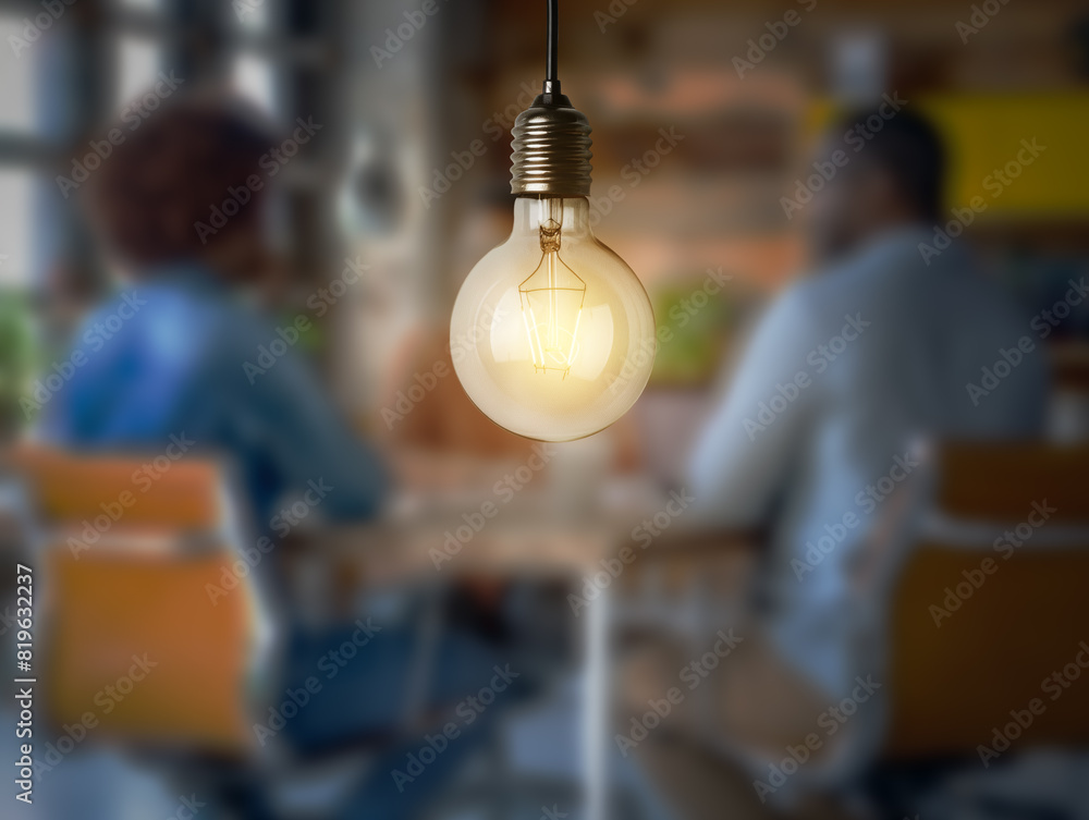 Poster an illuminated light bulb stands out against a blurry background featuring people in a casual settin